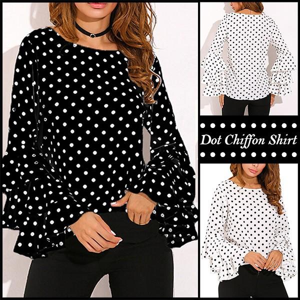 レディース 長袖トップス  ベルスリーブ  フレアスリーブ　黒白水玉模様　ドット　レディース　長袖ブ...