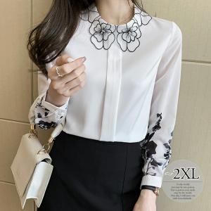 シャツ 長袖 レディース 白 花柄 シフォン 透け感 袖ボタン 夏 春 秋 冬 デザインカラー モノトーン ホワイト シンプル 20代 30代 40代 50代 60代 nf/[teo47]
