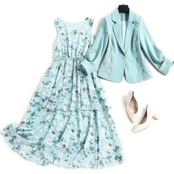 ワンピース スーツ 個性的なデザイン 折り襟 9分袖 プリント ハイウエスト 上品 春夏に最適 通勤...