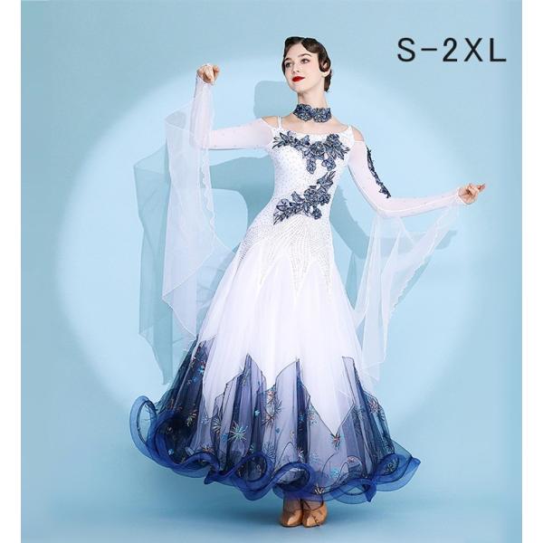高品質 社交ダンス ドレス 社交ダンス衣装 ワンピース 長袖 広がる裾 花柄 豪? レッスン着 発表...