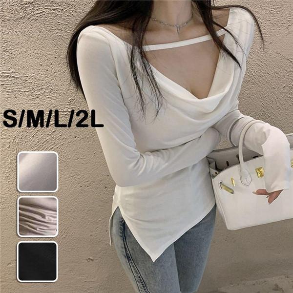 Tシャツ レディース 長袖 トップス 大人 美ライン 韓国風 新作 胸元セクシー スクエアネック お...