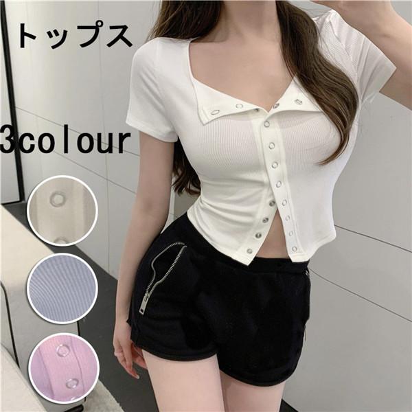 Tシャツ レディース  短袖 トップス 大人 美ライン 韓国風 新作 胸元セクシー スクエアネック ...