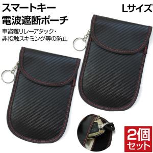リレーアタック対策 スキミング防止 電波遮断ポーチ 2個セット カーボン柄 ダブルポケット Lサイズ キーリング付 CE-RACBL-2 リレーアタック 盗難 対策 防止