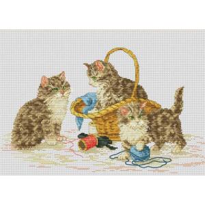 ☆完成品☆ハンドメイド クロスステッチ 散らかったお店 猫 魚 刺繍 オリムパス 刺繍キット クロスステッチ 額付 初級 ネコとちょう