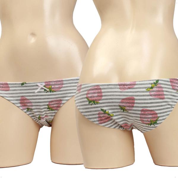 レディース ももいちご×グレーボーダー 天竺ニットプリント  綿 ショーツ コットン ローライズ パ...