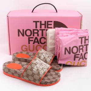 未使用 24cm GUCCI × THE NORTH FACE GG柄 キャンバス スライド サンダル ベージュ オレンジ 679947 グッチ ノースフェイス WOMEN'S SLIDE SANDALS｜graiz