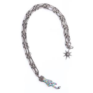 GUCCI ラインストーンピーストップ付きチェーンネックレス Fサイズ シルバー グッチ peace necklace top rhinestone｜graiz