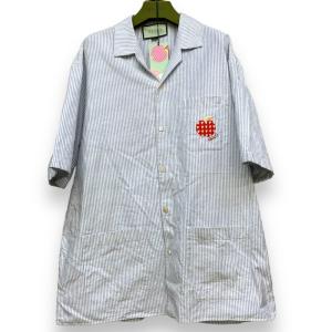 GUCCI リンゴ刺繍ストライプ半袖シャツ サイズ52 ブルー 663637 ZAHCS グッチ オープンカラー Apple Designed Short Sleeve Shirt｜graiz