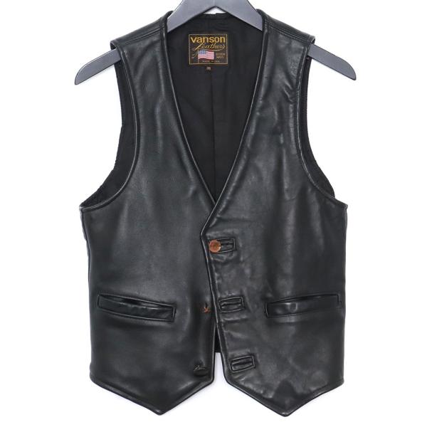 VANSON USA製 レザーベスト サイズ36 ブラック バンソン ノーカラー Leather V...