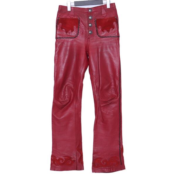 SKKIN FX レザー編込スエード切替ファイヤーパターンパンツ Mサイズ レッド スキン フレア ...