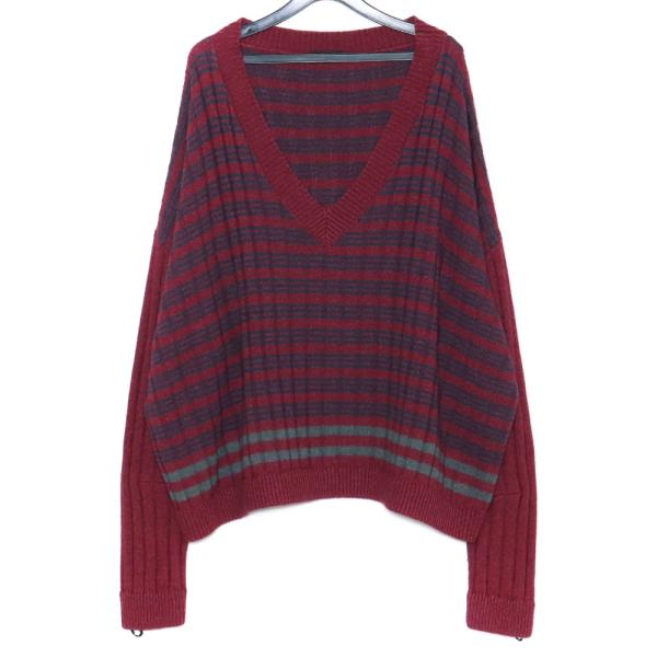 RAF SIMONS Vネックニット Sサイズ エンジ ラフシモンズ l/s 長袖 ボーダー オーバ...