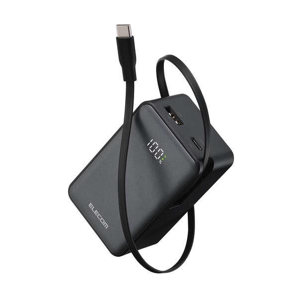 巻き取り式ケーブル一体型 モバイルバッテリー DE-C80L-10000BK 大容量 USB PD ...