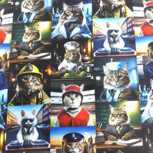 nora．ワーキングキャット ／シーチング・デジタルプリント　(綿 生地 布)