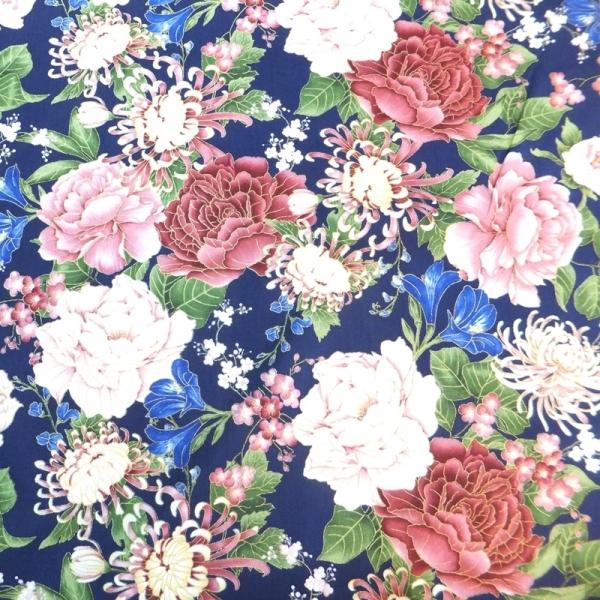 CHRYSANTHEMUMG AND PEONIES (USAコットン 生地 布)