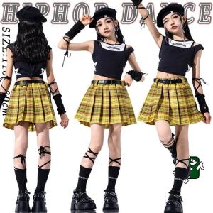 キッズ ダンス 衣装 黒 黄色 プリーツスカート チェック 女の子 韓国k-pop jazz チア チアガール トップス へそ出し ショート丈 タンクトップ スカート 単品販売