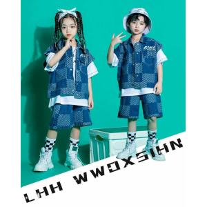 デニム チェック柄 キッズダンス衣装 セットア...の詳細画像2