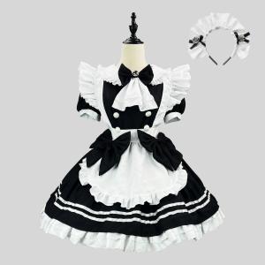 メイド服 可愛い セット ゴスロリ ワンピース パニエ追加可 エプロン 半袖 蝶結び フリル 髪飾り付き ショート丈 ドレス ハロウィン 仮装 舞台 イベント 学園祭