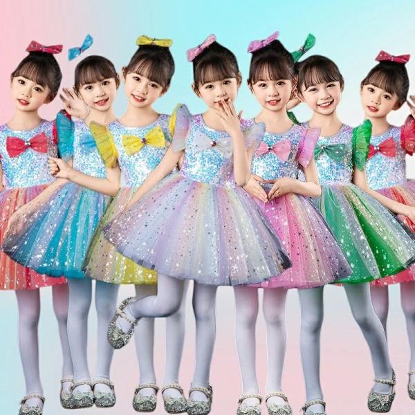 スパンコール ダンス衣装 女の子 ワンピース 舞台衣装 髪飾りおまけ フリル袖 フォーマルドレス 舞...