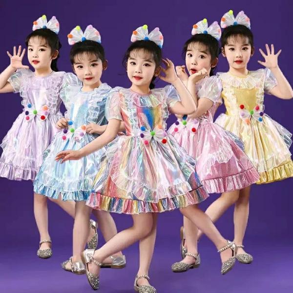 女の子 ワンピース 髪飾り付き2点セット ダンス衣装 舞台衣装 可愛い 半袖 ドレス 子供 フレアワ...