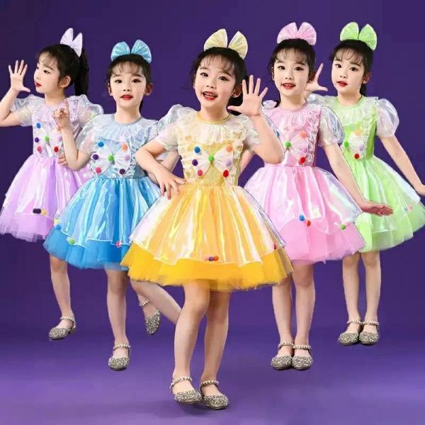 2点セット 女の子 ワンピース 舞台衣装 髪飾り付き ダンス衣装 舞台向け 可愛い 半袖 子供 お嬢...