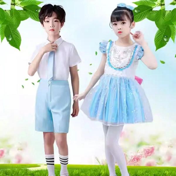 キッズダンス衣装 女の子2点セット フリル袖 ワンピース+髪飾り リボン ドレス 男の子上下セット ...
