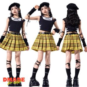 ガールズ スカート チェック柄 アイドル風 k-pop 団体服 発表会 トップス ダンス衣装 セットアップ 韓国 Y2K ファッション カジュアル 黒 イエロー 舞台服 演出