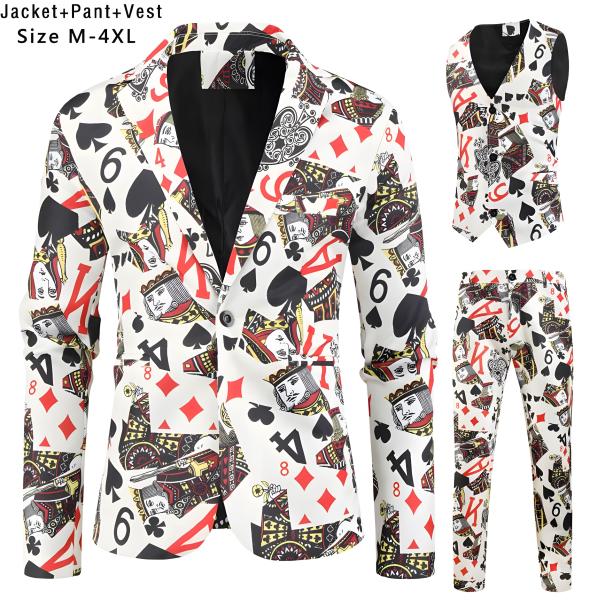 メンズクリスマススーツセット ステージ衣装 カジュアルメンズスーツ演出服 総柄スーツ トランプ柄 舞...