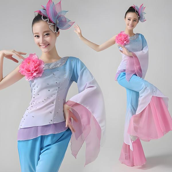 舞台衣装 ダンスウェア 古典舞踊 ダンス衣装 セットアップ 長袖 ブラウス グラデーション フレアパ...