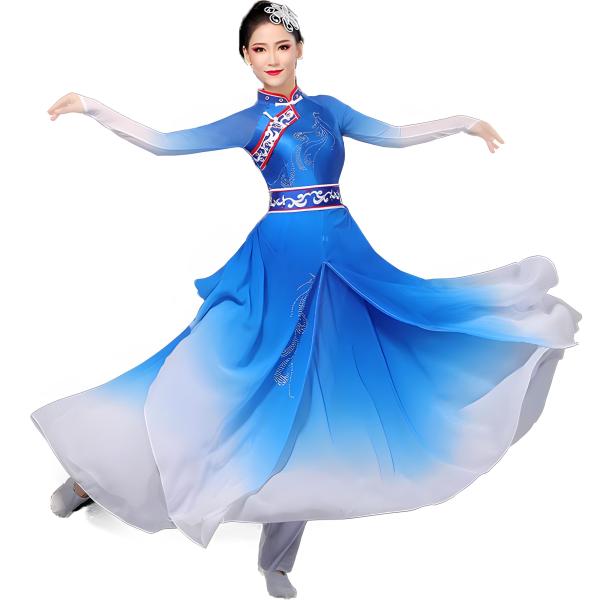 古典舞踊 ダンス衣装 グラデーション ワンピース ダンスパンツ 2点セット 髪飾あり 社交ダンス衣装...