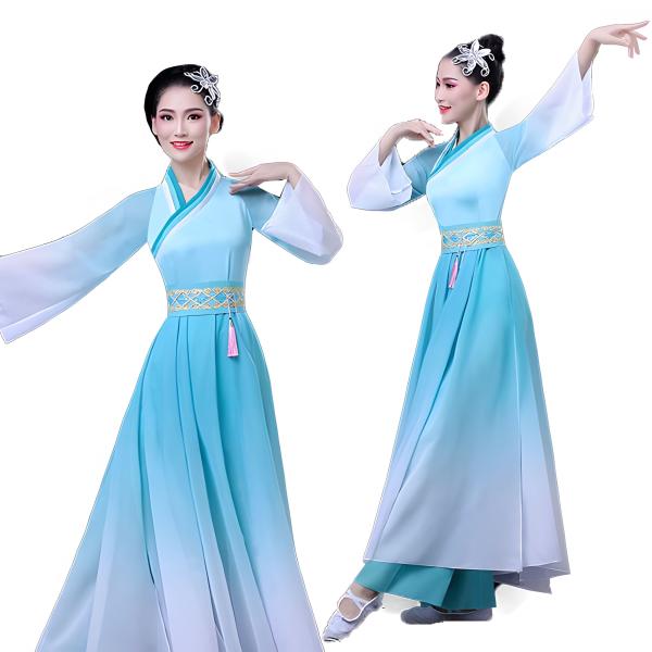 古典舞踊 ダンス衣装 中華風演出服 グラデーション ワンピース ダンスパンツ 2点セット 髪飾あり ...