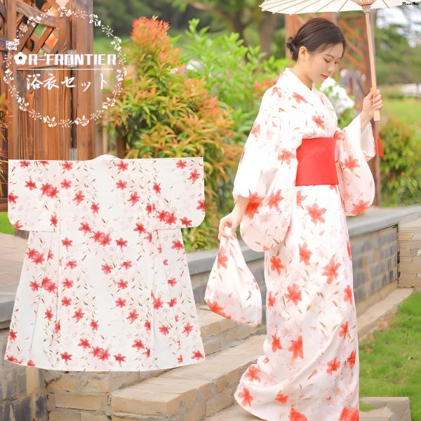 浴衣 可愛い 高校生 レディース 浴衣 ゆかた 女性 百合 花柄 浴衣 白 優しい 赤い ゆり エレ...