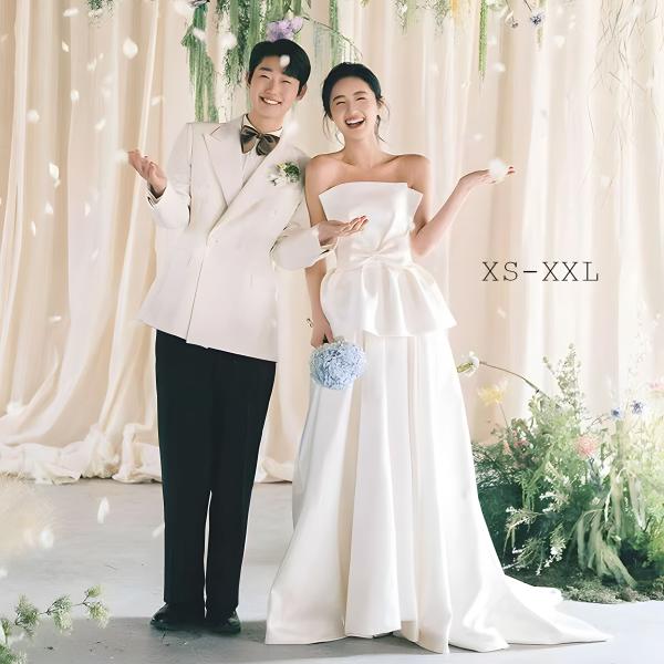 白 ホワイト ウェディングドレス Aライン 格安 ロングドレス 花嫁 ストラップレス オフショルダー...