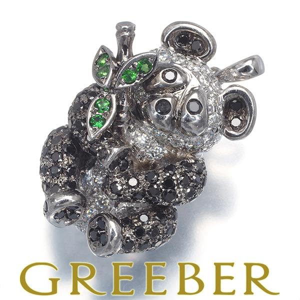 ダイヤ ダイヤモンド グリーンガーネット パンダ アニマル ペンダントトップ K18WG/ブラックコ...