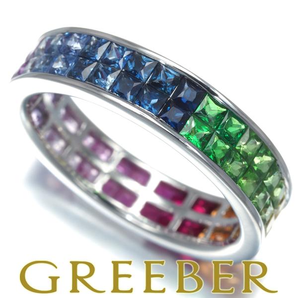サファイア 2.87ct グリーンガーネット ルビー マルチカラー フルエタニティ リング K18W...