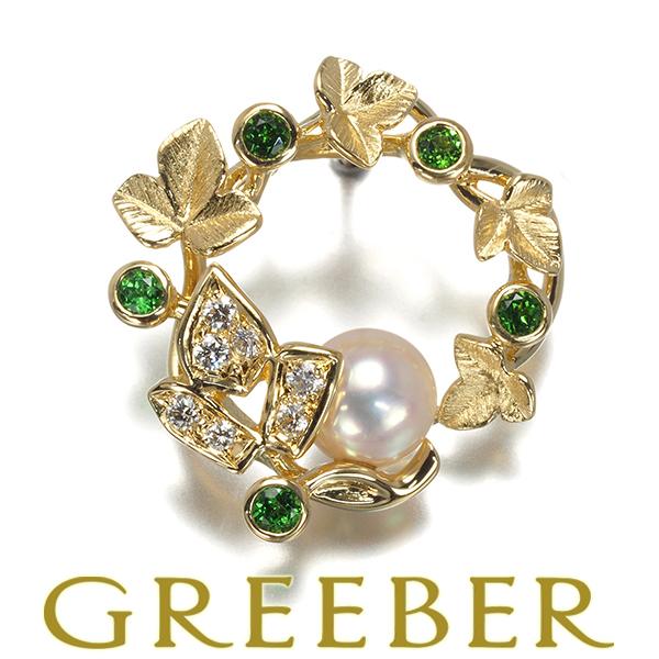 ミキモト ブローチ パール 真珠 6.2mm グリーンガーネット リーフ ピン K18YG BLJ ...