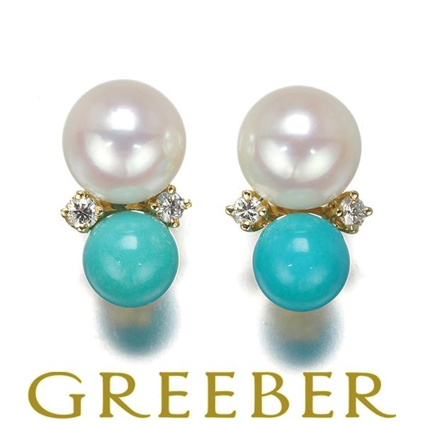 ティファニー ピアス 真珠 6.5mm ターコイズ トルコ石 ダイヤ ダイヤモンド K18YG ソー...