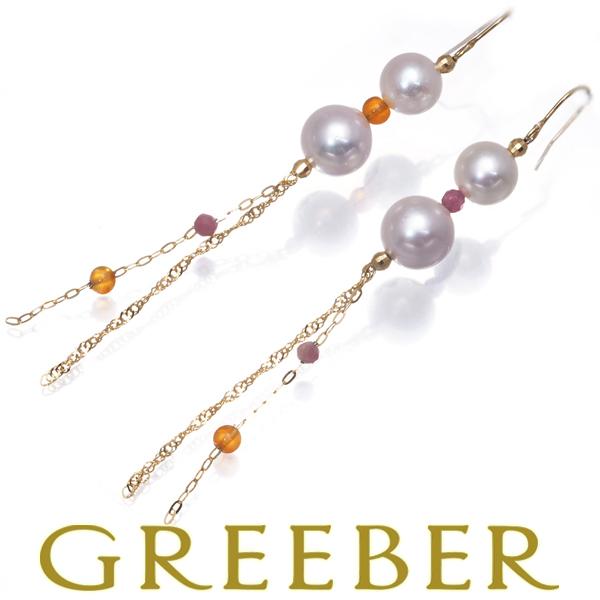 真珠 6.2-7.2mm トルマリン オレンジストーン 揺れる フック ピアス K18YG GENJ