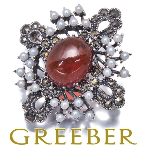 碌山 ロクザン ブローチ兼ペンダントトップ ガーネット シードパール 真珠 マーカサイト シルバー ...