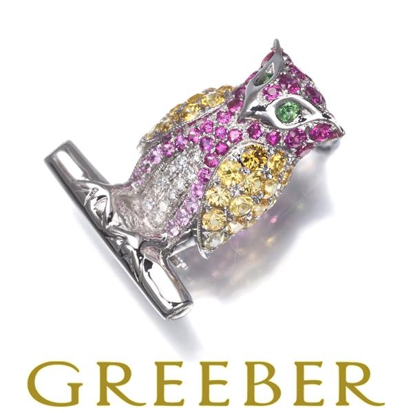 ダイヤ ダイヤモンド 0.07ct ガーネット 0.04ct ルビー サファイア 梟 フクロウ ブロ...