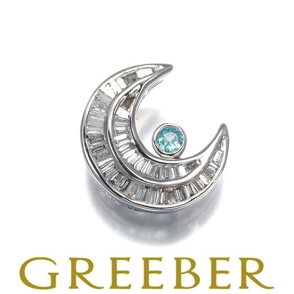 パライバトルマリン ダイヤ ダイヤモンド テーパーカット ムーン ペンダントトップ K18WG GE...