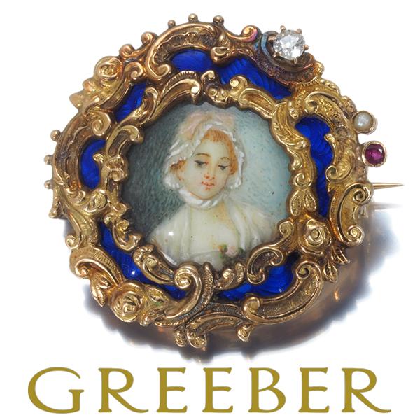 アンティーク ダイヤ ダイヤモンド ルビー パール オールドカット エマイユ 貴婦人 ブローチ K1...