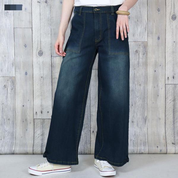 ベイカーパンツ レディース ストレッチデニム ワイドパンツ ベルトループ付き