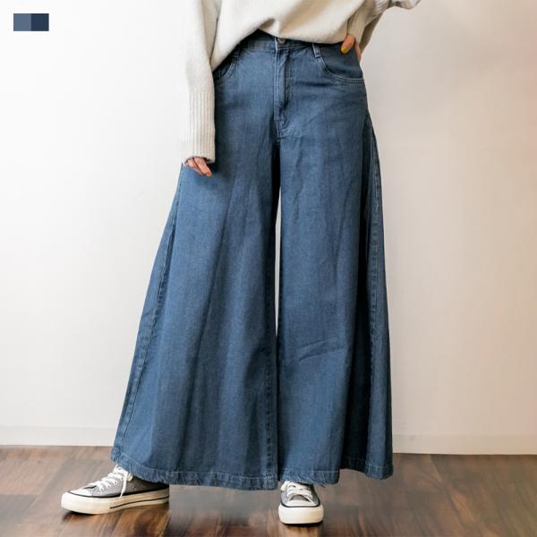 デニムバギーパンツ レディース Aライン サイドタック コットン100％