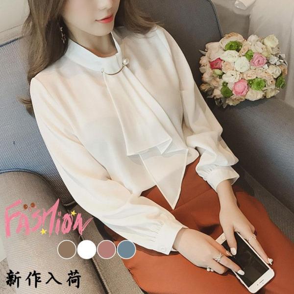 ブラウス レディース ボウタイシャツ シャツ トップス 春 長袖 リボン シフォン パール オフィス...