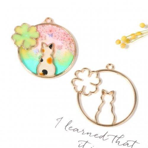 空枠 幸運の四葉猫 きれいめゴールド クローバー ねこ ネコ cat 植物 フレーム レジン枠 動物...