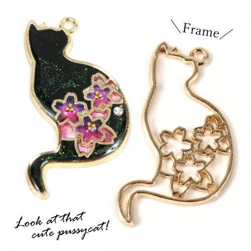 空枠 桜キャット きれいめゴールド 和 さくら サクラ 春 植物 猫 レジン枠 ねこ ネコ にゃんこ...