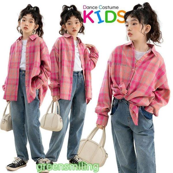 シャツ 長袖 子供服 チェック柄 ピンク 女の子 キッズ レディース 韓国子供服 トップス  キッズ...