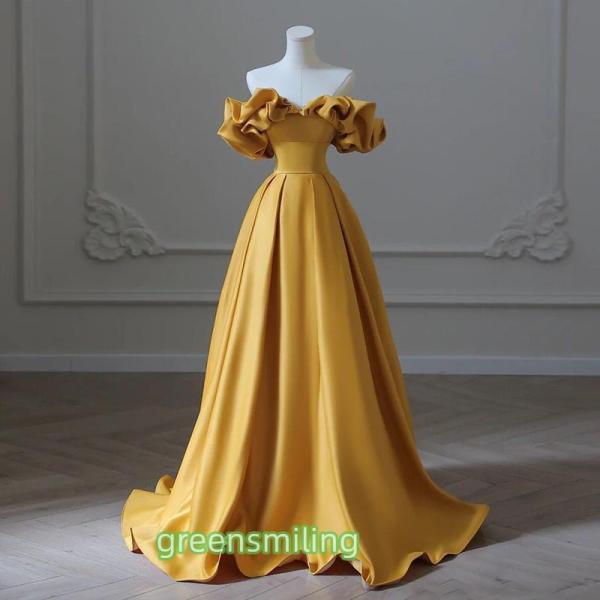 カラードレス イー オフショルダー 黄 パーティードレス ロングドレス 結婚式 二次会 発表会 演奏...