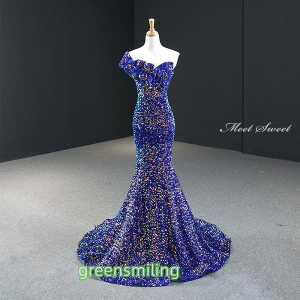 カラードレス ロングドレス マーメイドドレス スパンコール ロイヤルブルー 結婚式 二次会 発表会 ...