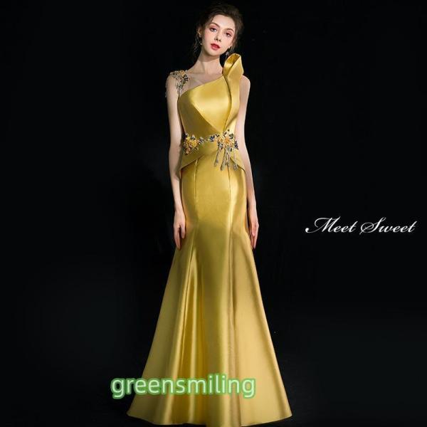 カラードレス ロングドレス マーメイドドレス ゴールド イー 黄色 ノースリーブ ウェディングドレス...